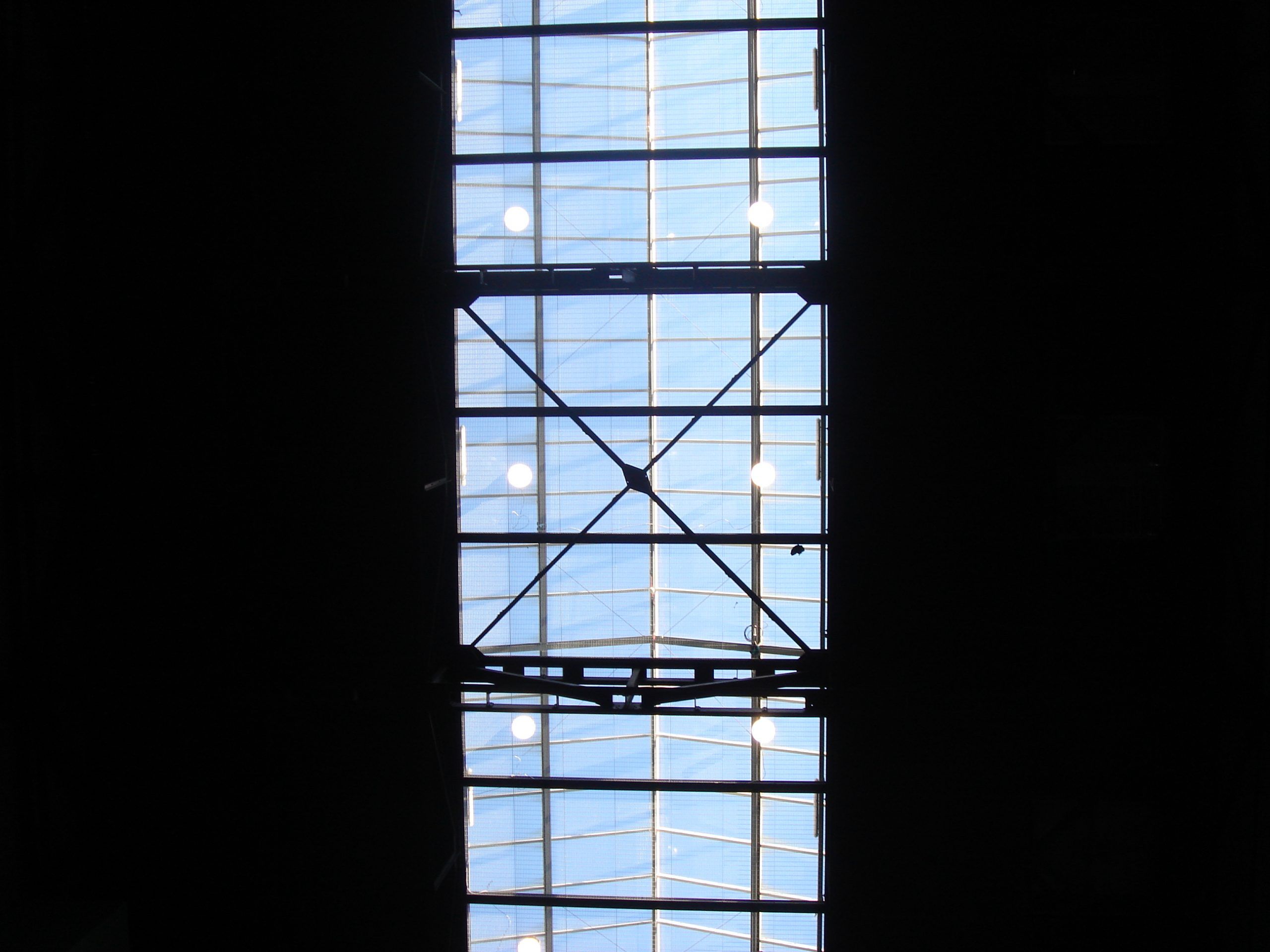 A skylight in the high ceiling of an industrial building, crisscrossed with girders.