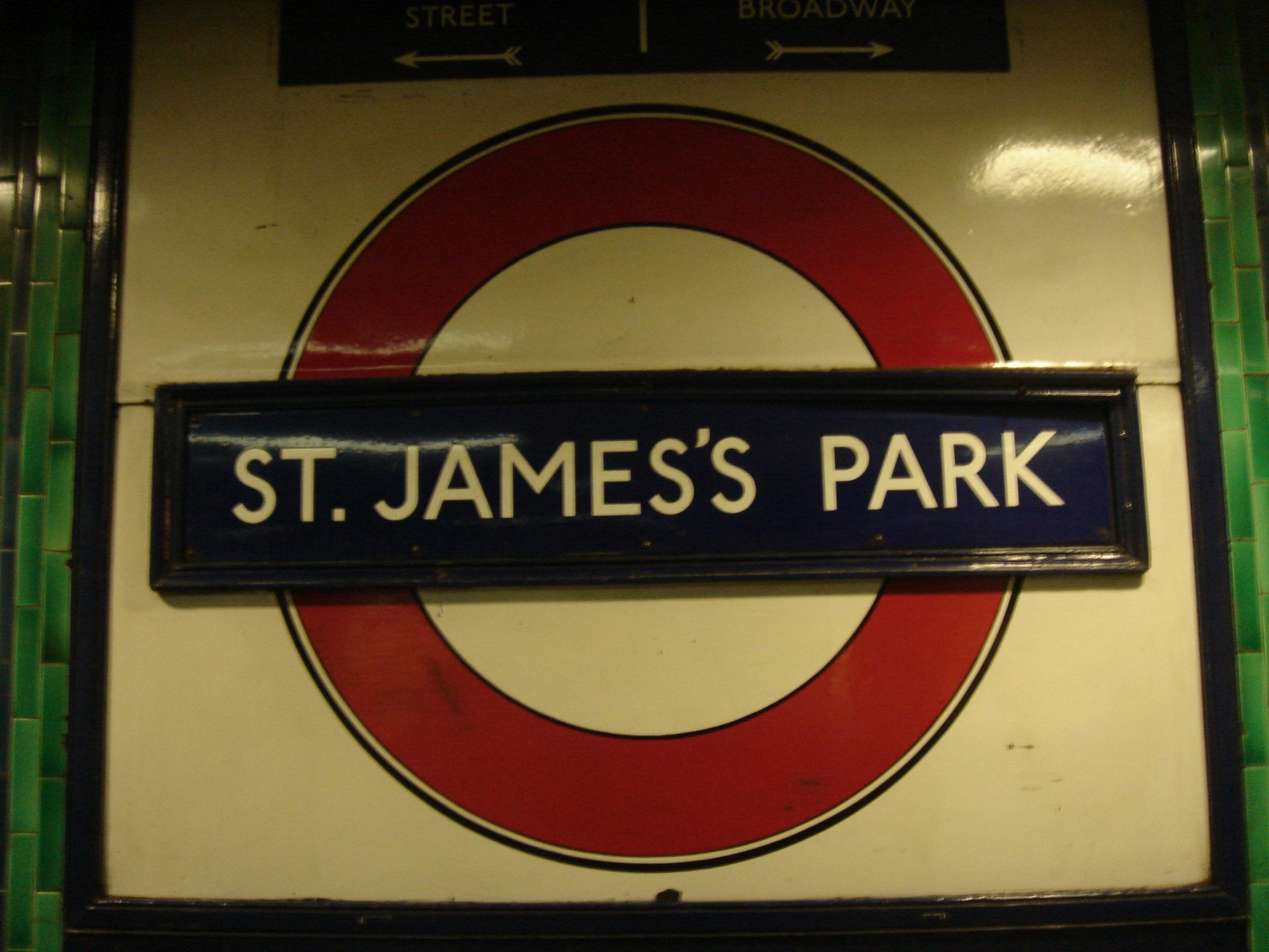 A London tube station sign that says ST JAMES'S PARK