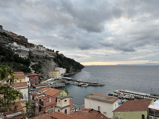 A few of the water from the top of a cliff in Sorrento. In the foreground are the red roofs of some buildings, further off in the background are some massive hotels perched on the top of a cliff.