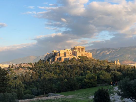 A view of the Acropolis in Athens from some distance away. The hill is surrounded by trees and the Parthenon is visible on top.