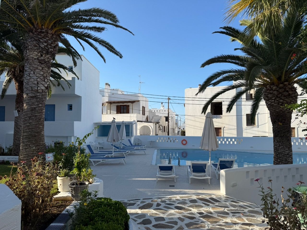 The courtyard of the hotel. The usual flat-roofed white buildings, but also palm trees and a pool surrounded by white and blue plastic sun lounges.